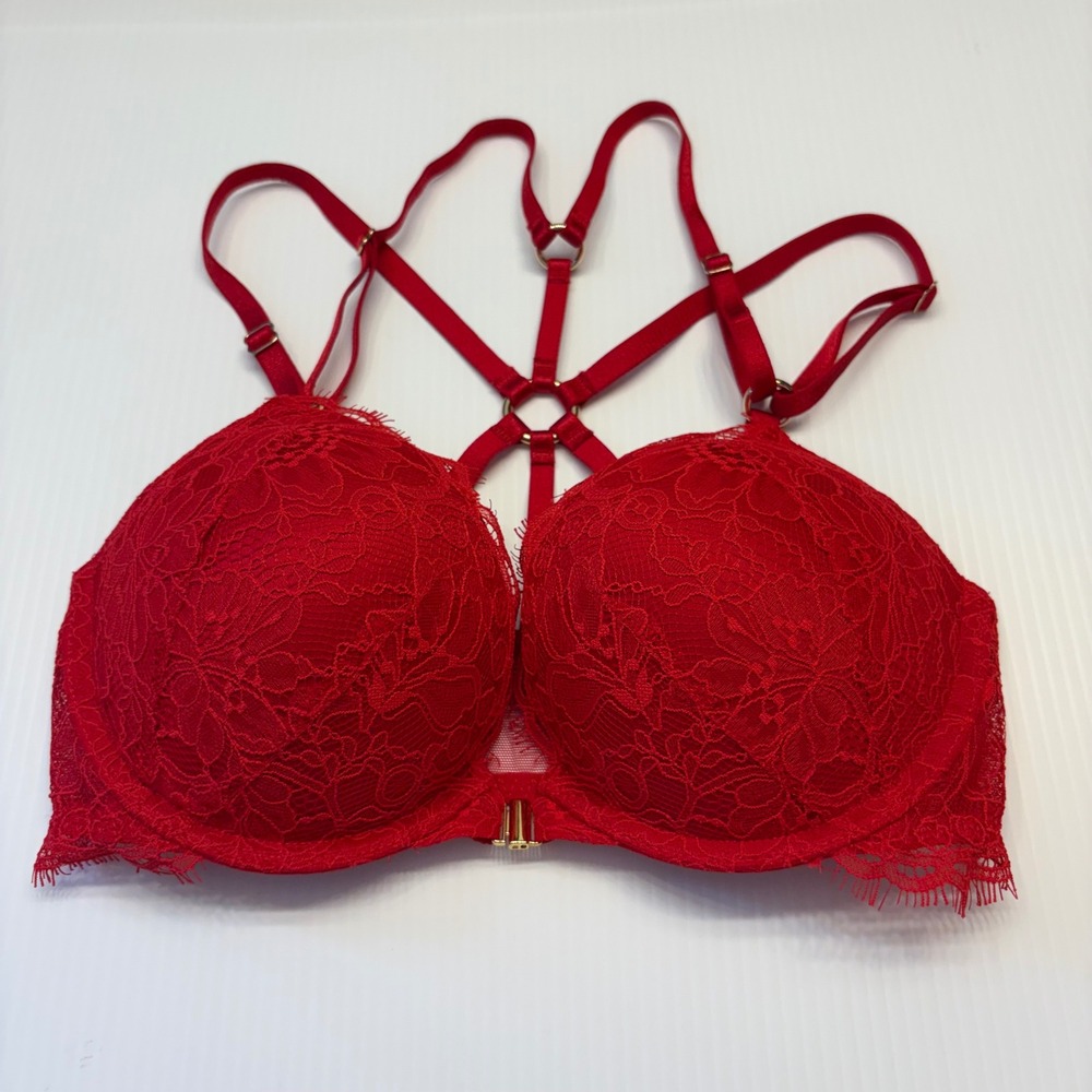 Victoria's Secret Bombshell Bra Womens 32C Red Lace Strappy Front Close LNEW